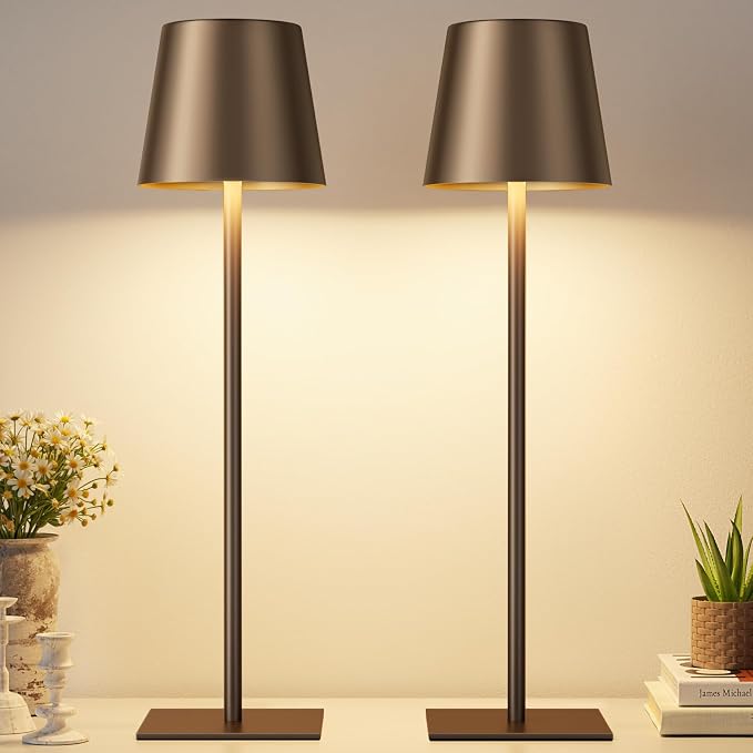 Kakanuo Brown Cordless Rechargeable Table Lamp, 2 Pack Portable Desk Lamp with 5000mAh Battery, Touch Control Stepless Dimming, for Dining, Outdoor Camping, Coffee Shop