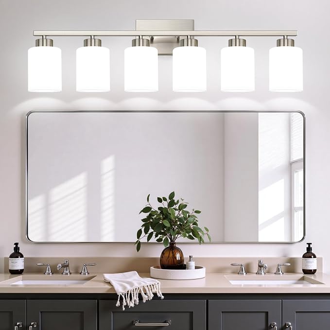 Brushed Nickel Bathroom Light Fixtures with Milk Glass Shades, Eye-Friendly 6 Light Vanity Lights for Bathroom, Vanity Lights with E26 Socket (Bulbs Not Included), for Mirror, Bedroom, Hallway