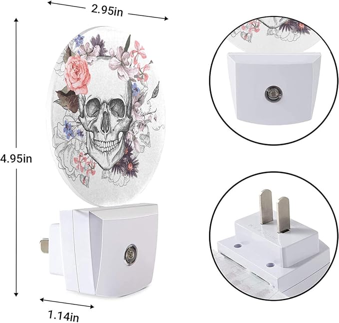 EKOBLA Skull Floral Decorative Night Light Goth Spooky Sugar Skull Skeleton with Pink Flower Rose Plug-in Nightlights Auto on/Off Bedroom Bathroom Decor for Men Women Boys Girls