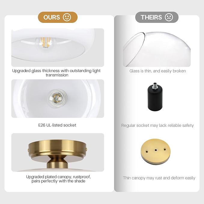 Semi Flush Mount Ceiling Light Fixture, 11'' Vintage Mid-Century Gold with White Milk Glass Shade, Modern Farmhouse Lighting for Kitchen, Hallway, Bedroom, Foyer, Laundry Room, Schoolhouse