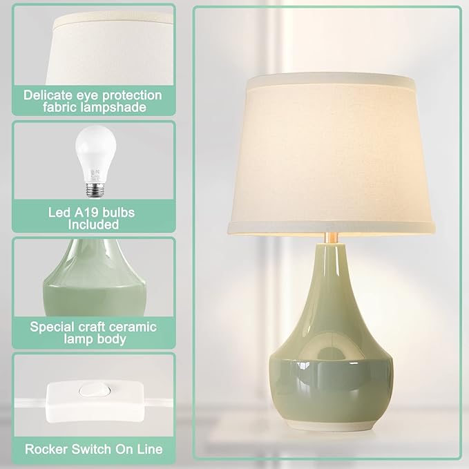 GyroVu 18" Table Lamp Set of 2, Ceramic Table Lamp Classic Beside Lamps Nightstand Lamp Modern Lamp for Living Room, Bedroom & Office Rocker Swtich Sage Green-LED Bulbs Included
