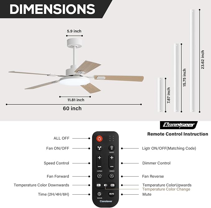 60 Inch Ceiling Fans with Lights and Remote, Bedroom Living Room Office Library Cafe Outdoor Industrial, 5CCT Dimmable, Dual Color 5 Blades, 6 Speed Reversible Quiet DC Motor, White/Wood Grain