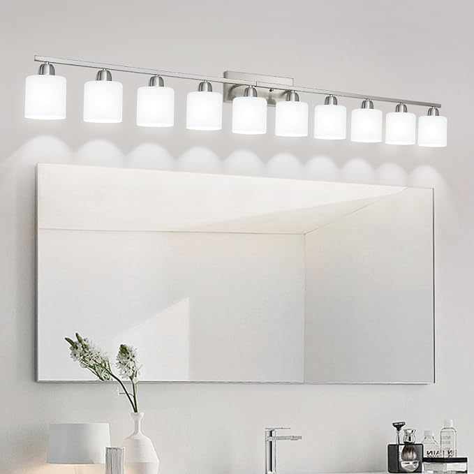 Brushed Nickel Bathroom Sink Lighting Fixtures for Giant Mirror, Anti-Rust Finish 65 inch 10 Light Bathroom Vanity Light Fixtures Modern with Milky White Frosted Glass