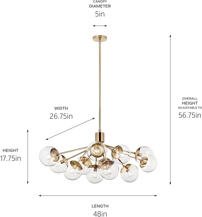 Kichler Silvarious 12-Light Linear Convertible Chandelier, Soft Modern Light with Clear Glass in Champagne Bronze, for Dining Room or Living Room (17.75" x 26.75" x 48"), 52703CPZCLR