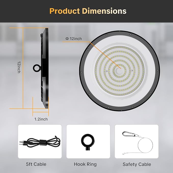 AIKVSXER 300W UFO High Bay Light 6 Pack, 6000K LED Shop Lights Plug & Play | 45000LM Commercial Bay Lighting IP65 Waterproof Garage Light, CRI>85 No Flicker, 120° Beam Angle, 5ft Cable 60000hrs Lifespan
