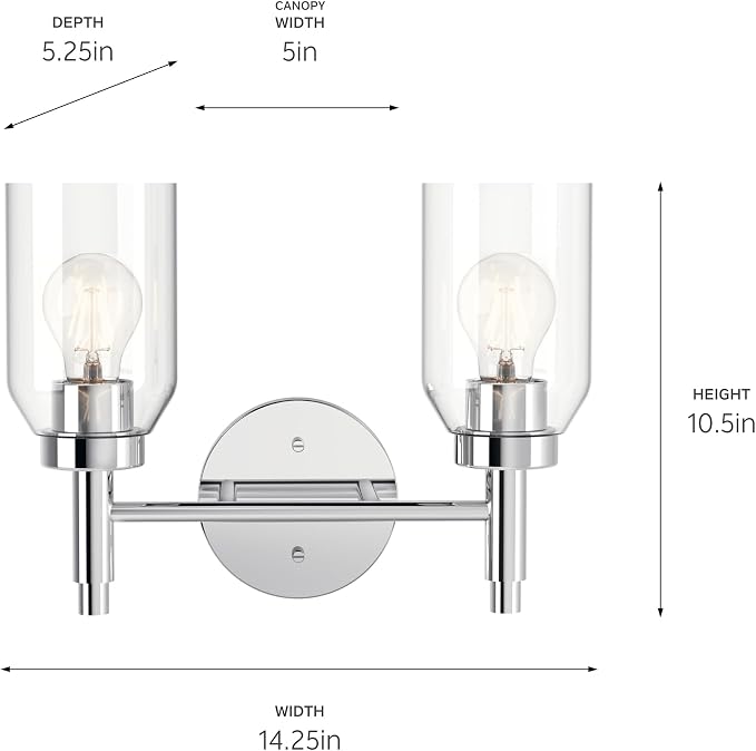 Kichler Madden 2-Light Bathroom Vanity Light, Chrome | Modern vanity light with clear glass for single or double bathroom mirrors (14.25" x 10.5"), 55184CH