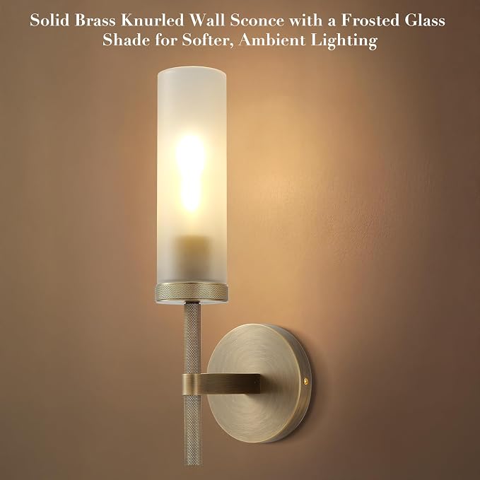 15" Hardwired Frosted Glass 2 PC Bathroom Wall Sconces, Handmade Knurled Brass Wall Light Fixture,Modern Vanity Light for Living Room,Hallway, Bedroom, Indoor Sconces