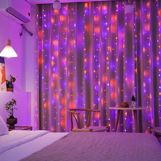 JMEXSUSS 300LED Halloween Curtain Lights, Orange and Purple, 9.8x9.8ft | Remote, Plug in, Window Twinkle Hanging String Lights, For Bedroom, Wall, Party, Backdrop, Yard, Indoor, Outdoor Decor