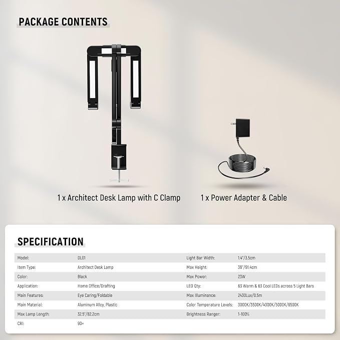 NEEWER Basics 32.5" Clip On Desktop LED Light for Home Office, 23W LED Dimmable Architect Lamp with Table Desk Clamp, 5 Light Bars, Computer Drafting Video Conference Atmosphere Lighting, DL01