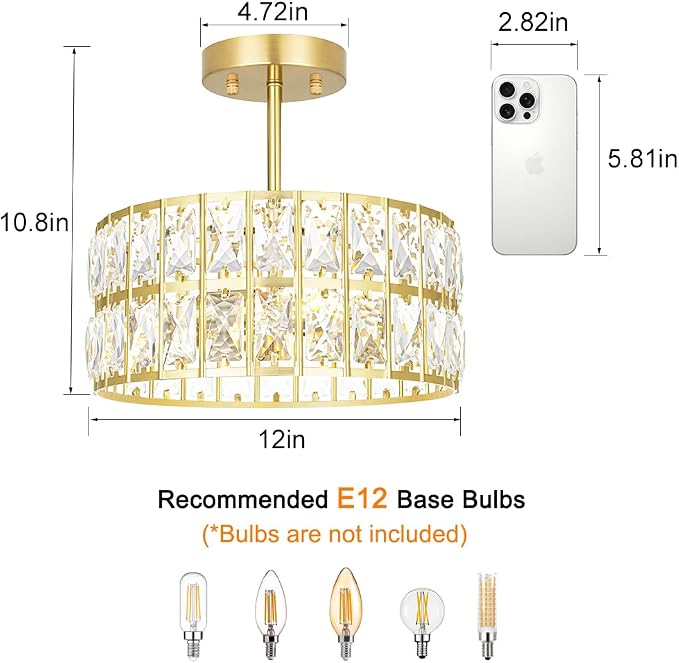 Brushed Gold Crystal Ceiling Light, Modern Semi Flush Mount Ceiling Lighting, Hallway Lighting Fixtures, Small Chandelier Light Fixture for Kitchen Entryway Bedroom Dining Room, 3-Light, 12 Inch