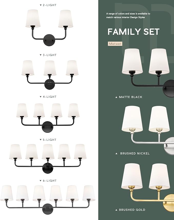 2-Light Bathroom Light Fixtures, Matte Black Vanity Lights, Double Wall Sconce with Flared White Fabric Shade, Modern Sconces Wall Lighting for Hallway Bedroom Stairway, VL837-MB-2-S
