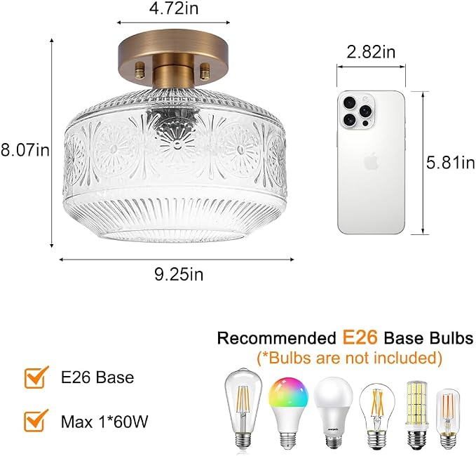 DSMJFU Semi Flush Mount Ceiling Light, Brass Thick Glass Fixture | Thick Glass Shade Creates Soft Warm Glow, Semi Flush Design Fits Low Ceilings, Ideal for Hallway Bedroom Bathroom Laundry