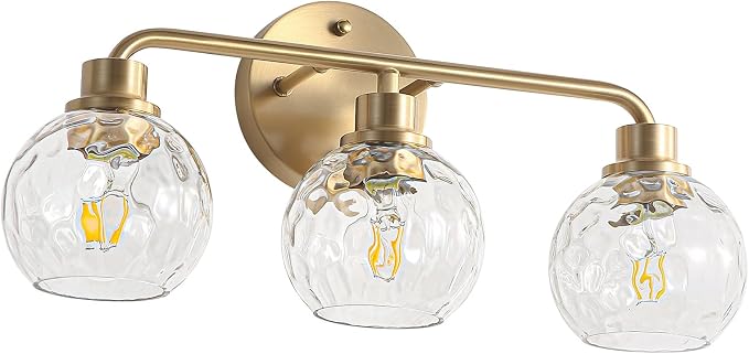 Bathroom Light Fixtures Gold Vanity Light 3 Light Brushed Brass | Wall Sconces Lighting with Hammered Globe Glass Shades Bath Wall Lamp for Mirror Living Room Bedroom Hallway