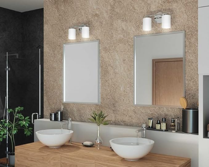 Progress Lighting 2-Light Bathroom Vanity Light, Modern Bath Lighting Fixture with Etched White Glass Shades for Over the Mirror, Reversible Mounting, Replay Collection, Textured Black