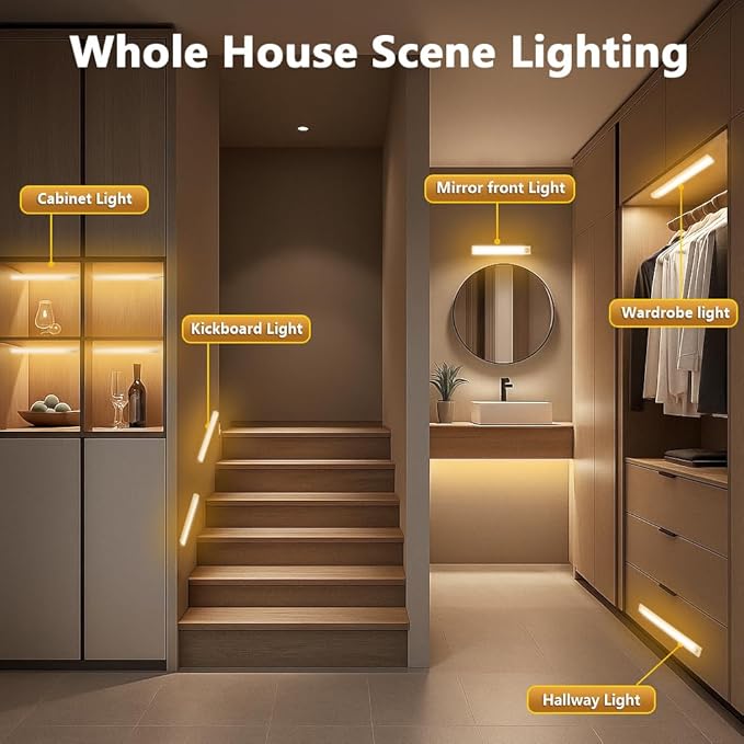 10โ Under Cabinet Lighting, 68LEDS Motion Sensor Light Indoor, Rechargeable Battery Magnetic Closet Light, Wireless Under Counter Lights for Kitchen, Stairs, 2-Pack Warm Light