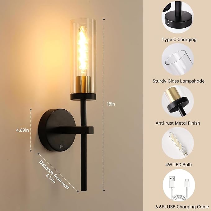 Shenmoyl Battery Operated Wall Sconces Set of 2, Black & Gold Rechargeable Wall Lighting Fixtures, Dimmable Wall Lights with Remote & Clear Glass Shade for Living Room, Bathroom,Bedroom