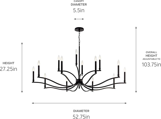 Kichler Malene 14-Light 2-Tier Chandelier, Updated Traditional Light in Black, Sloped Ceiling Compatible, for Foyer, Dining Room or Living Room (27.25" x 52.75"), 52698BK