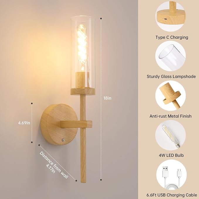 Shenmoyl Battery Operated Wall Sconces Set of 2, Beech Color Rechargeable Wall Lighting Fixtures, Dimmable Wall Lights with Remote & Clear Glass Shade for Living Room, Bathroom,Bedroom
