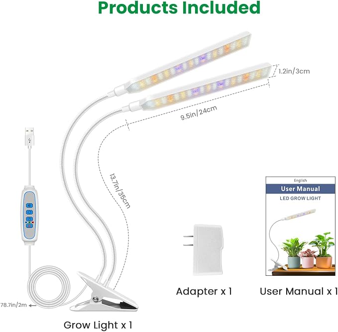 Aumtrly Plant Lights for Indoor Growing, 2 Head White Clip on Grow Lamp | 114 LED Full Spectrum, for Seed Starting, 6/12/16H Timer, 5 Dimming, 3 Light Modes, Flexible Gooseneck, Use Desk and Shelves