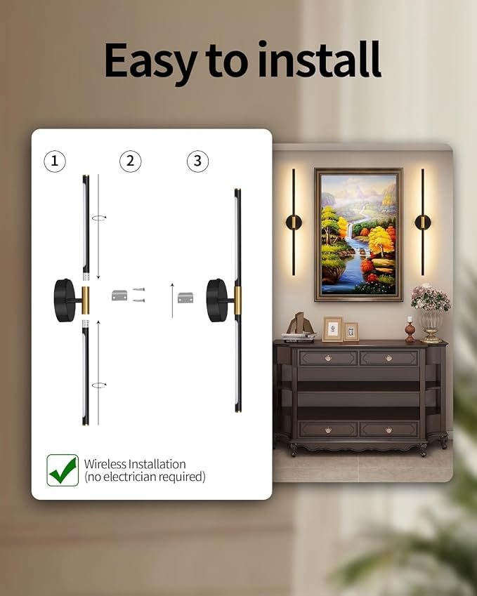 40" Battery Operated Wall Sconce Set of 2, 350° Rotating Lamp, Black Gold | Wireless, 8000mAh Rechargeable Battery, Stepless Dimming, 3000K-6000K, Remote & Touch Control, Timer, Living Room, Bedroom