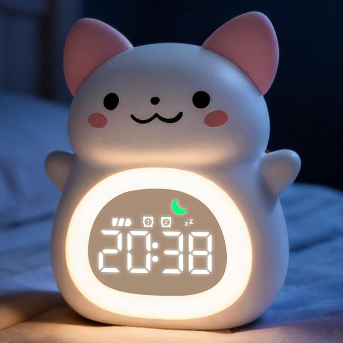 MASHI Cat Kids Alarm Clock with Time to Wake Sleep Trainer White Noise | Sun & moon wake cues, 7-color night light,Snooze, dual alarms and 6 soothing sounds help kids build healthy sleep habits