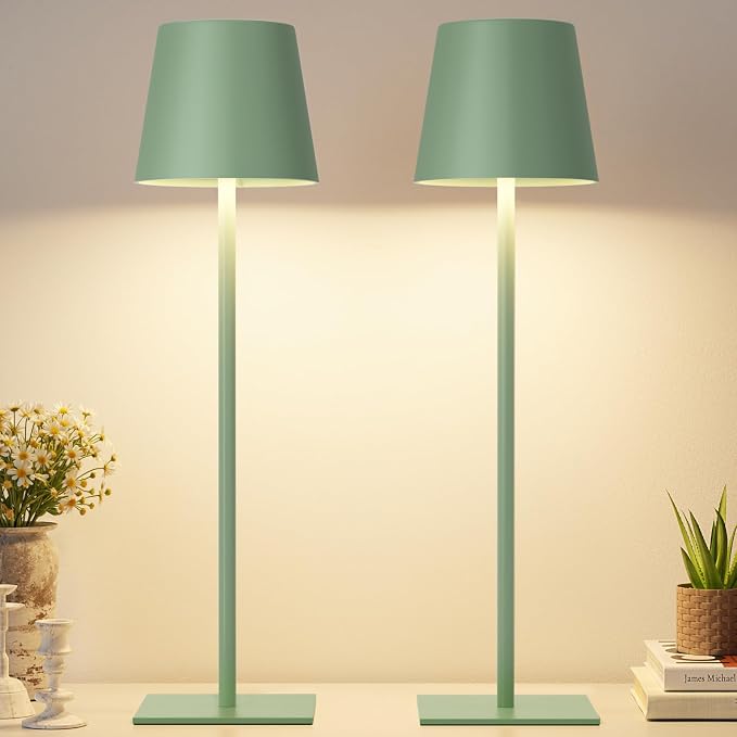 Kakanuo Green Cordless Rechargeable Table Lamp, 2 Pack Portable Desk Lamp with 5000mAh Battery, Touch Control Stepless Dimming, Wireless Night Light for Dining, Outdoor Camping
