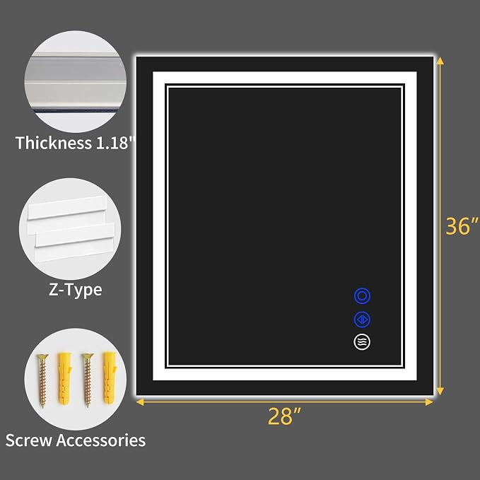 36"x28" LED Bathroom Mirror with Lights,Anti-Fog,3 Color Modes