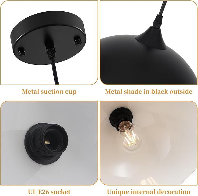 Farmhouse Pendant Lights Kitchen Island, 11.8 inches Black and White Pendant Light Fixtures, Black Dome Pendant Light, Modern Pendant Lights for Kitchen Island Dining Room Bedroom, 1 Pack