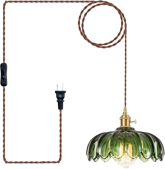 XZHGCEE Plug in Pendant Light Fixtures: Hanging Light Plug in Green Glass Hanging Lamp, Pendant Lighting for Kitchen Island, Bedroom, Dining Room, Living Room, E26 No Bulb