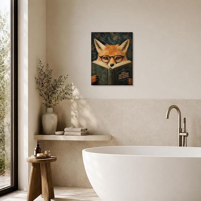 NSFBESSLIA Funny Reading Fox Painting, Whimsical Vintage Animal Decor, Chill For Fox Sake, Literary Cottagecore Wall Art for Living Room Bedroom Entryway, 8x10 Inch