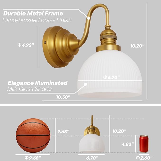 Brass Gold Wall Sconce Vintage Milk Glass Bathroom Vanity Light | Bathroom Wall Sconces,Antique Brass,Thick Half-Round Glass Shade,Hardwired,E26 Base,for Bathroom Mirror Hallway Kitchen