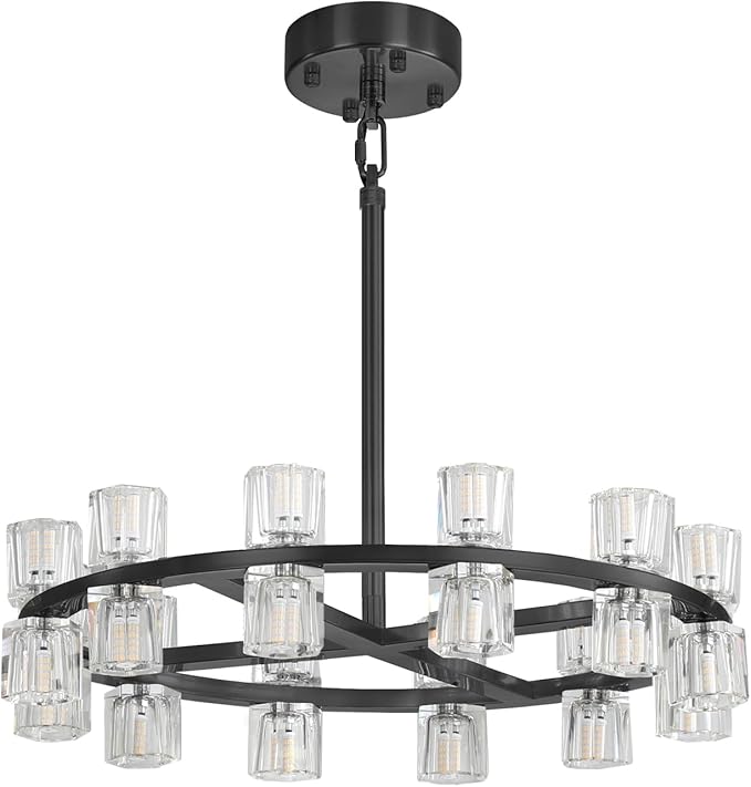 D24 Black Wagon Wheel Chandeliers Modern 24-Lights Black Round Chandelier Small Chandeliers for Dining Room,Living Room Vintage Chandelier for Foyer Hallway
