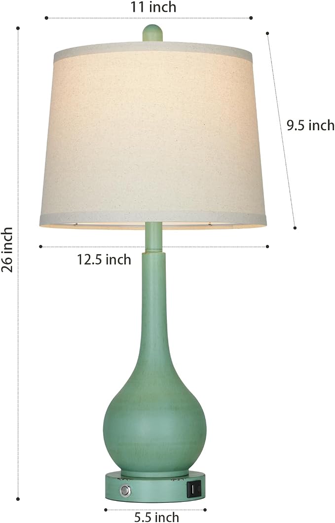 26" Farmhouse Table Lamps for Living Room Set of 2, 3-Way Dimmable Touch Control Bedside Lamp with USB A+C Ports, Retro Green Nightstand Lamps for Bedroom (2 LED Bulbs Included)