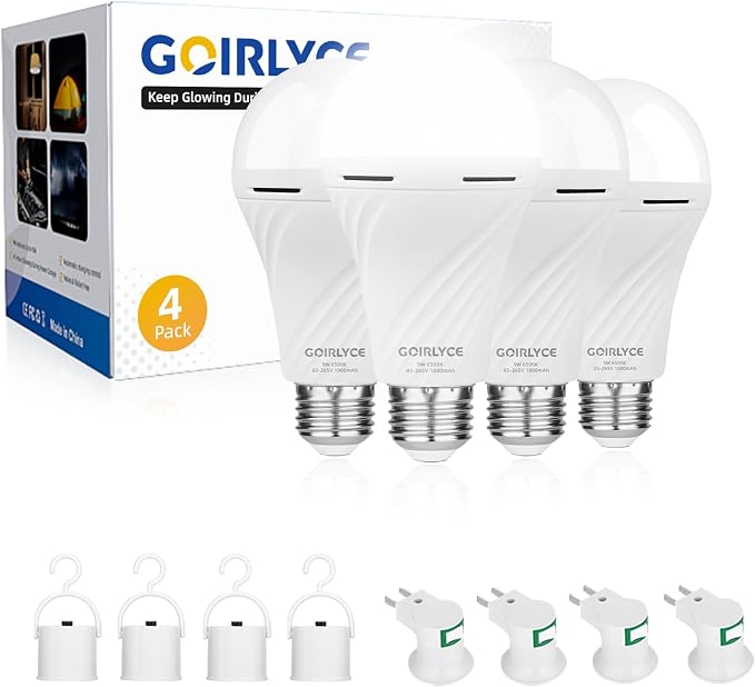 4Pack Rechargeable Emergency Light Bulbs, LED Battery Backup Bulb for Lamps | Emergency Light Bulb 9W Daylight E26/E27 6500K 1500mAh Operated Light Bulb for Home Power Outage Camping Hurricane Hiking