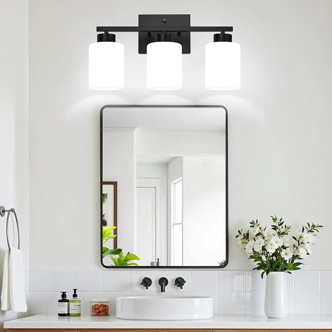3-Light Bathroom Light Fixtures, Black Vanity Light with Milky White Frosted Glass Shades, Bathroom Wall Lamp with E26 Socket, for Mirror, Living Room, Bedroom