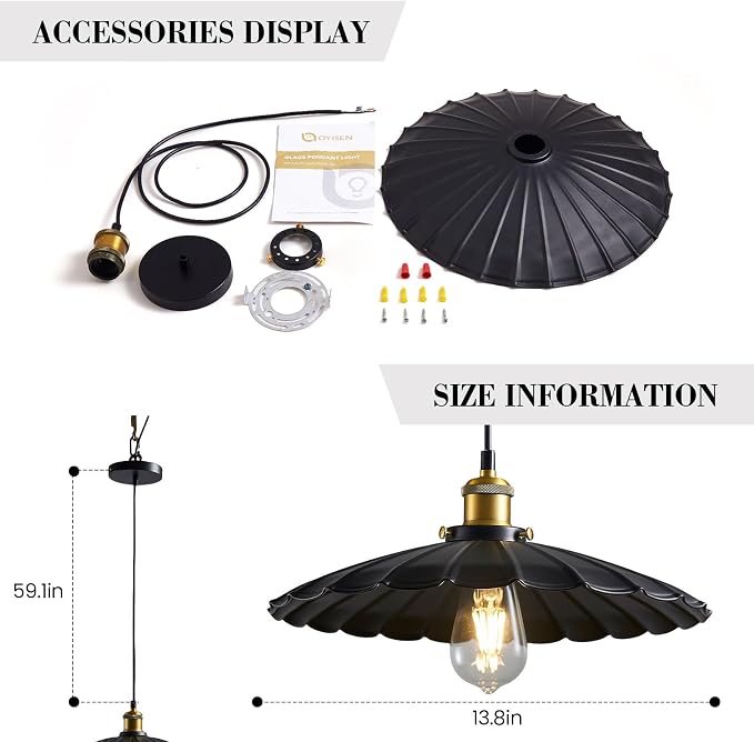 2Pack Kitchen Hanging Lights, Black Hanging Light 13.8 Inch Metal Scalloped Lampshade Farmhouse Pendant Lights Kitchen Island Vintage Pendant Light for Bedroom Bar Sofa