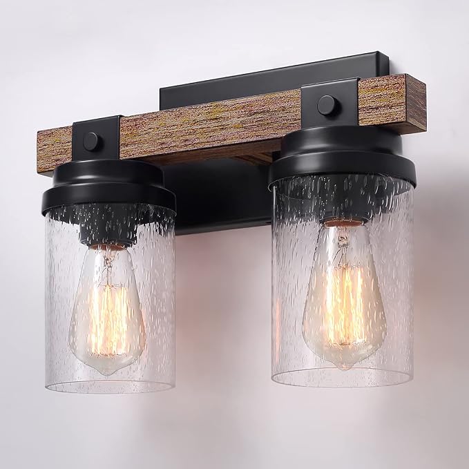 2 Light Farmhouse Vanity Lights Rustic Bathroom Light Fixtures Over Mirror | Faux Wood Wall Mount Light with Clear Seeded Glass Shade, Industrial Black Metal Wall Sconces for Bathroom Living Room