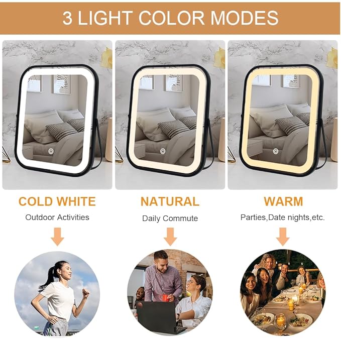 Lighted Vanity Mirror, Rechargeable Travel Makeup Mirror with Lights, 10''x8'' Desk Mirror with Lights,Make up Mirror with Lighting for Makeup Desk & Dressing Room