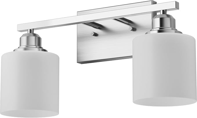 Bathroom Light Fixtures 2-Light, Brushed Nickel Vanity Lights Fixtures, Modern Bathroom Vanity Light Over Mirror, Milky White Glass Shade & Anti-Rust Nickel Finished, Small Bathroom Light