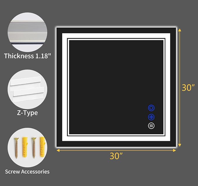 30"x30" LED Bathroom Mirror with Lights,Anti-Fog,3 Color Modes