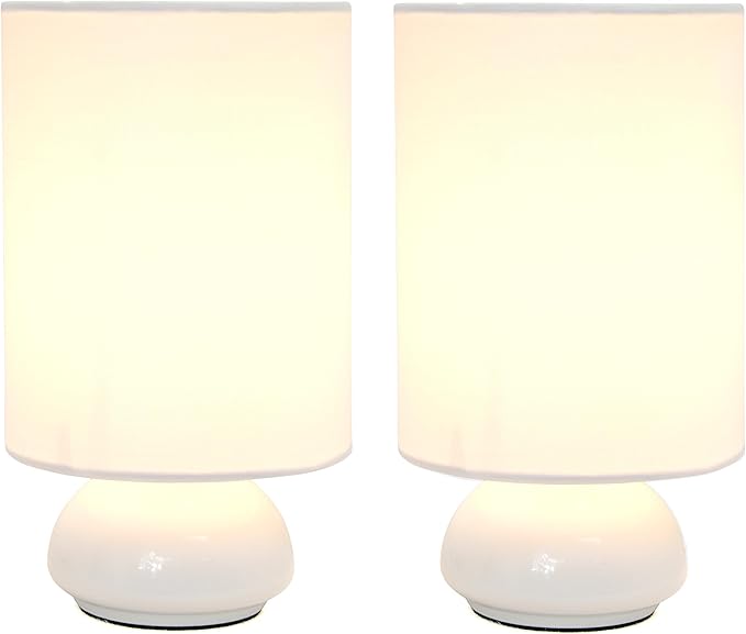 Simple Designs LT2043-WHT-2PK 9" Gemini 2 Pk Contemporary 4 Settings Touch Metal Mini Round Table Lamp Set w Fabric Shades for Décor,Nightstand,End Table,Bedroom,Living Room,Office,Foyer, WHT