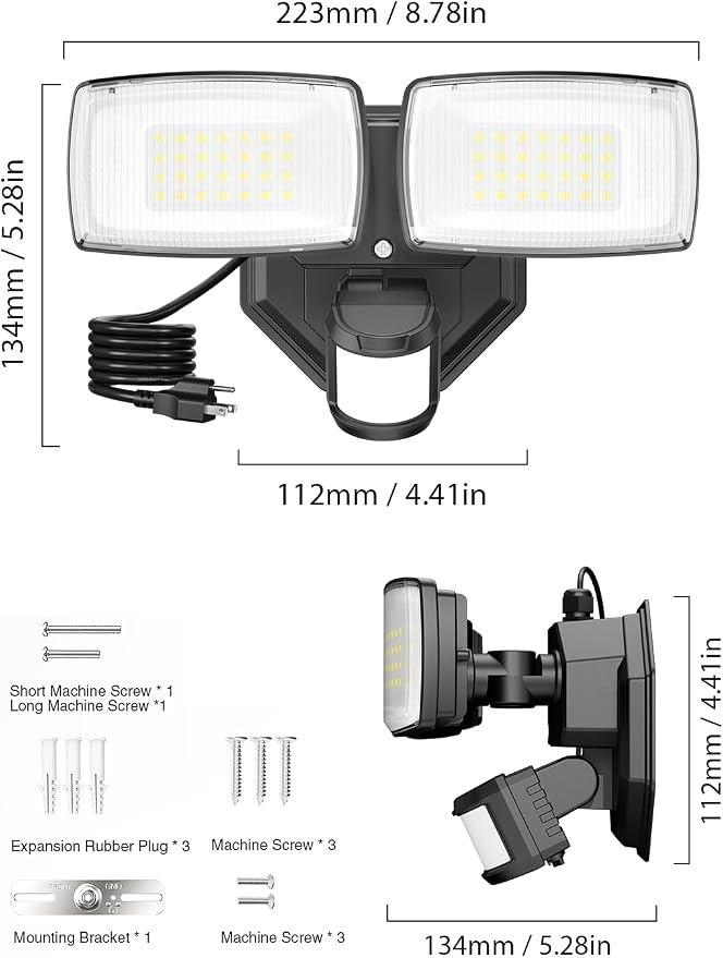 Onforu 32W Plug in Motion Sensor Lights Outdoor, 3200LM Motion Flood Light Dusk to Dawn, IP65 Waterproof Led Security Light Outside, 2 Heads Motion Activated Wall Light for Garage, Porch, Yard - Black