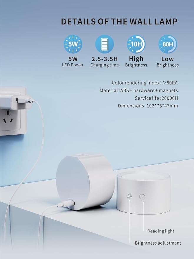 LANMEL LED Wall Mounted Lights,360° Rotating Rechargeable Wall Sconce Lamp | White,3CCT,Dimmable,with Remote & Touch Control,USB Wireless Wall Lamp, Suitable for Study,Bedroom,and Bedside Reading