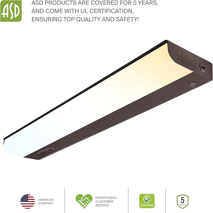 ASD 18 Inch Hardwired LED Under Cabinet Light, On/Off & 5CCT Switch 2700K-5000K, 10W 807LM CRI90+, Direct Wire Low Profile Linkable Fixture, Dimmable Under Counter Kitchen Lighting, Bronze, UL