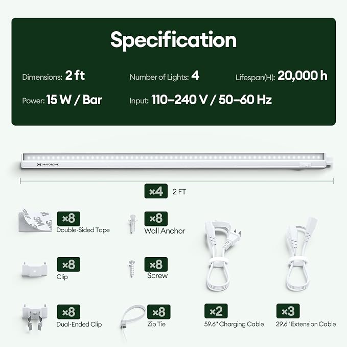 Grow Lights for Indoor Plants, Sunlike Full Spectrum 5000K 2FT LED Growing Lamp 60W (4 x 15W), T5 Grow Light Strip for Seed Starting, Vegetables, Linkable, White, 4-Pack