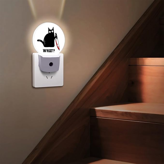 Round LED Night Light,Black Cat and Knife What LED Night Light Plug into Wall with Dusk to Dawn Light Sensor White Energy Efficient Nightlight for Bedroom Bathroom Hallway Living Room Kitchen