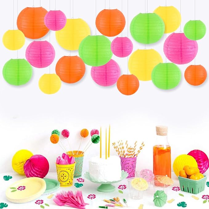 Paper Lanterns Party Decorations, Hanging Round Chinese Lanterns for Glow in The Dark Party Neon Birthday Decorations Pack of 20 Colorful