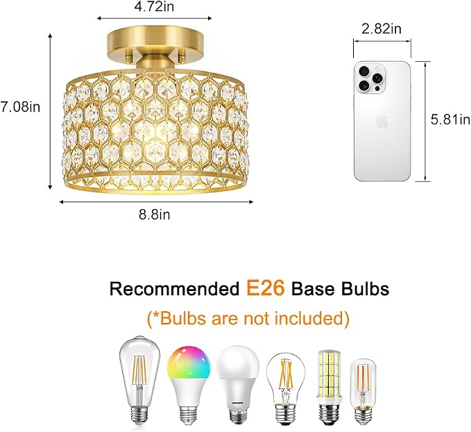 Lxybcce Gold Crystal Ceiling Light Fixture - Modern Semi Flush Mount Ceiling Chandelier Lighting for Hallway, Kitchen & Foyer | Dazzling Prism Chandelier with Easy Installation,1 Light, 9 in