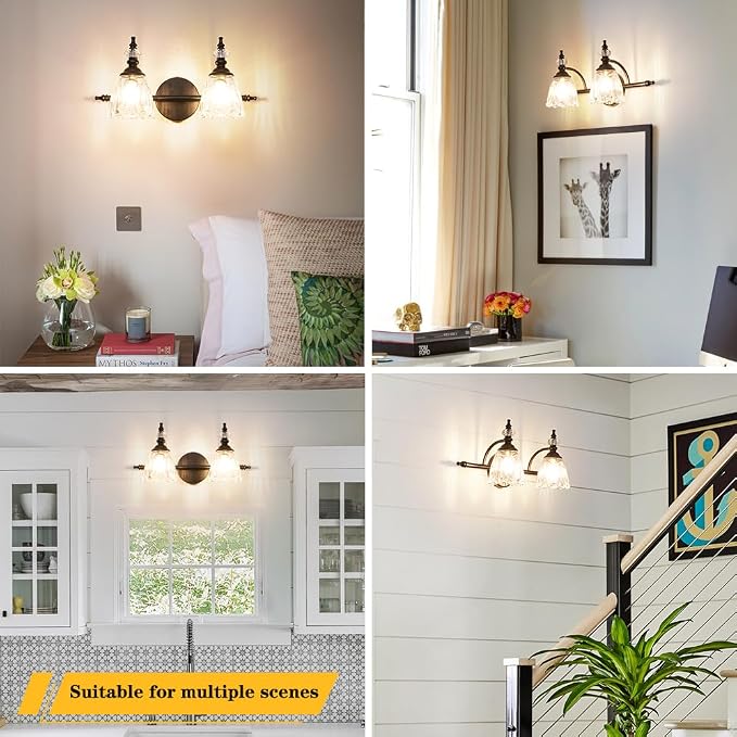 Matte Black Vanity Light, Farmhouse Bathroom Light Fixtures, 2 Light Bathroom Vanity Lights, Flower Glass Shade Wall Sconce Lighting