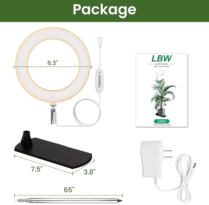 Grow Lights for Indoor Plants, 6.3" Full Spectrum Plant Light with Base | Bamboo Grain Grow Lamp, 65" Adjustable for Indoor Garden Tall Large Plants, 6/8/12/16H Auto Timer, 3 Colors, 5 Brightness